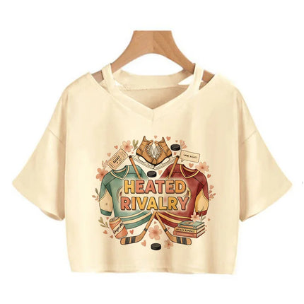 Hot Heated Rivalry Print Cropped T Shirt Women Sexy Graphic CropTops Gothic Vintage T-Shirt Fashion Y2k Streetwear Clothing