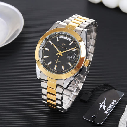 Ricecgo 1Pc Men's Classic Quartz Watch - Business Style, Round Dial, Bar Scale, Dual Calendar Display, Stainless Steel Strap, Quartz Movement, Suitable for Daily Wear, Ideal Gift for Birthdays or Special Occasions