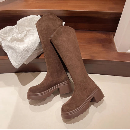 New Vintage Women Stretch Slim High Boots Fashion Back Zippers Shoes Autumn Winter Thick Heel Ladies Knight Long Booties 2025
