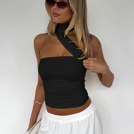 Hugcitar Women Elegant Halter Scarf Strapless Ruched Solid Sexy Slim Crop Tank Top 2025 Summer Casual Clothes Streetwear Party