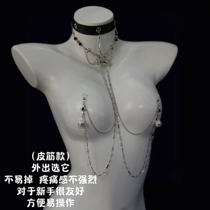 Women's Erotic Collar with Chain and Nipple Clamps in One Piece Tassels Cross/Skull Charms Goth BDSM Body Jewelry Adult Sextoy