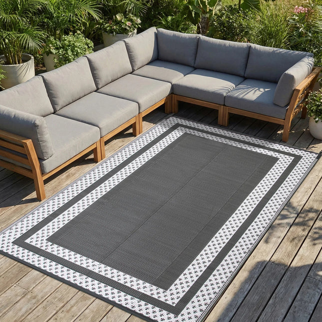 6' x 9' Outdoor Mat with Ground Pegs - Durable PP Material, Gray and White Grid Pattern, Perfect for Patio, Camping and Outdoor