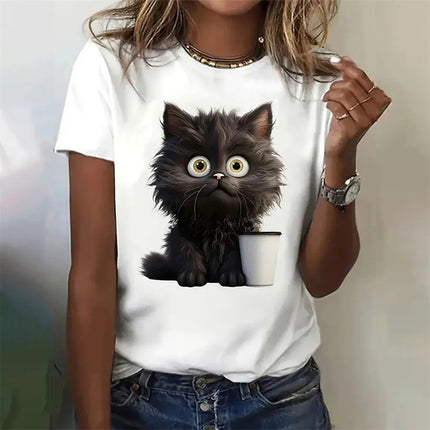 2025 New Cat Black Pattern T-Shirt for Women Funny Animal 3D Print T Shirts Summer Tees Short Sleeves Crew Neck Tops Streetwear