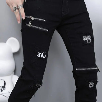2024 Spring and Autumn Fashion Trend Black Straight Leg Ripped Jeans Men's Casual Comfort Breathable High-Quality Denim Pants