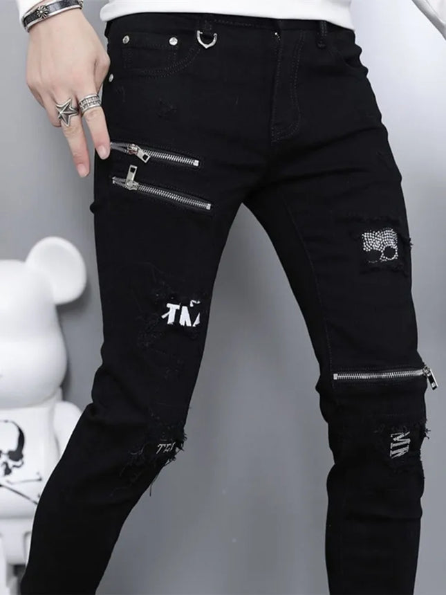 2024 Spring and Autumn Fashion Trend Black Straight Leg Ripped Jeans Men's Casual Comfort Breathable High-Quality Denim Pants