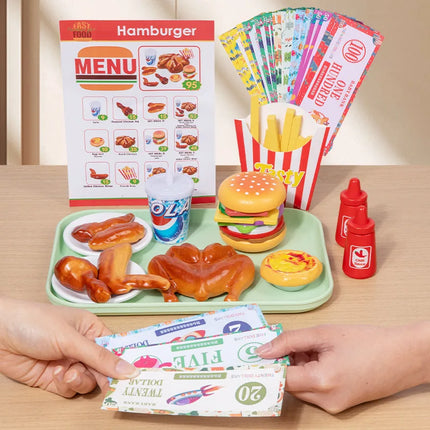 Kids' Pretend Play Fast Food Set - Realistic Burger & Fried Chicken, Toy Money Transaction & Serving Scene Kit