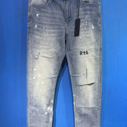 2025 New Destroyed Scratch Hole Men's High Street Slim Fit Skinny Light black embroidery Denim Jeans Pants