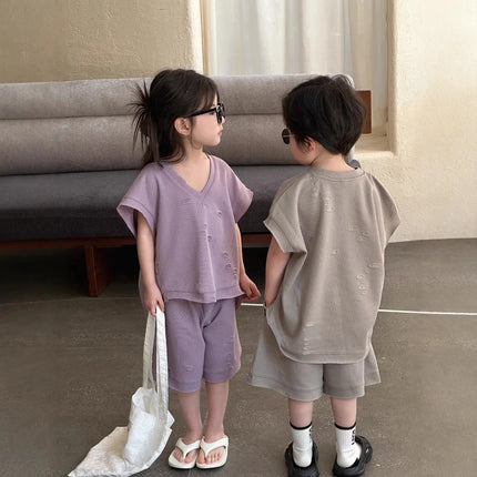 RAISE Summer Brother Sister Clothes Muslin Hollow V-collar Kids Boy Short Sleeve Top Suit Loose Solid Straight Shorts Tracksuits
