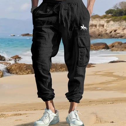 Men's Cotton Linen Blend Cargo Jogger Pants, Elastic Waist Drawstring Trousers with Side Pockets for Summer Casual Daily Outdoor