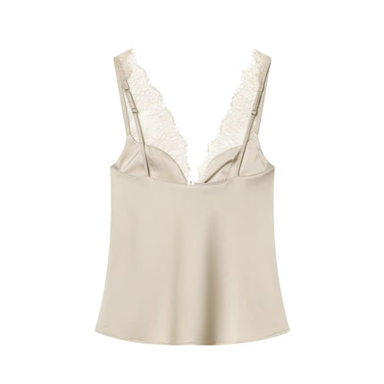 HH Elegant Women's Lace Splice Sexy Satin Sling Top 2026 Spring Summer Fashion Female V-Neck Backless Slimming Underwear Vest