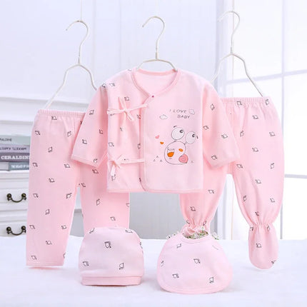 5Piece Sets Spring Baby Girl Boy Clothes Casual Cartoon Cute Print Long Sleeve Cotton Tops+Pants+Hat Newborn Hospital Set