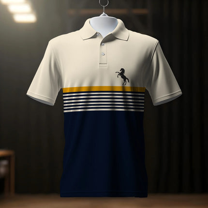 3D Digital Printed Short-Sleeved Polo Casual Style Stand-Up Horse Emblem Pattern Printed Short-Sleeved Golf T-Shirt