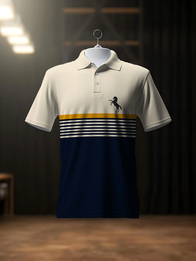 3D Digital Printed Short Sleeved Polo Casual Style Standing Up Horse Emblem Pattern Printed Short Sleeved Golf T-shirt