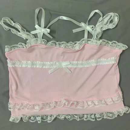 Pink Japanese Kawaii Lolita Crop Top Women White Korean College Style Sweet Tank Top Bow Lace France Princess Vset Female 2023