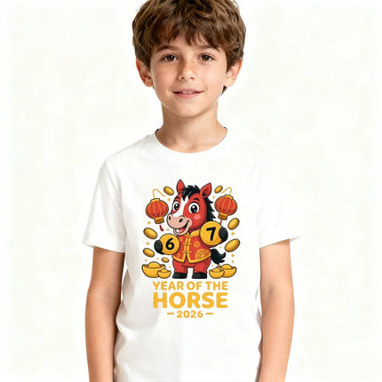 Year of The Horse 2026 Cute Kids Tshirt Zodiac Horse Shirt Lunar New Year Boy Girl T-Shirt Lucky Coins and Lanterns Printed Tee