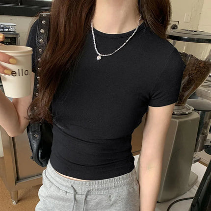 American style spicy girl shoulder T-shirt for women in summer 2025, tight fitting and slimming short top, basic elastic short s