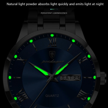 POEDAGAR Luxury Man Clock Waterproof Luminous Week Date Fashion Men's Wristwatch Stainless Steel Business Quartz Watches For Men
