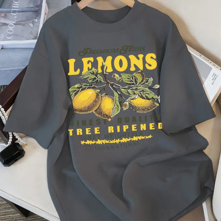 Lemons Fruits Premium Fresh Printing T Shirt Woman Loose Cotton Sportswear O-Neck Casual T Shirts Loose All-Match Short Sleeve