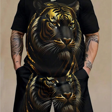 2024 New Crew Neck Short Sleeve T-shirt Fashion Shorts Set 3D Lion Print Short Sleeve Shorts 2-piece Men's Summer Sports Set