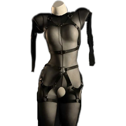 New Hollow Out Black Leather Bandage Open Crotch Bodysuit Women Sexy Lingerie See Through Crotchless Fullbody Stocking Costume