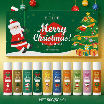 10PCS/Set Christmas Lip Blam Set Anti-Cracking Lipstick Deep Moisturizing Brighten Lip Color Christmas Party New Year Gift Box