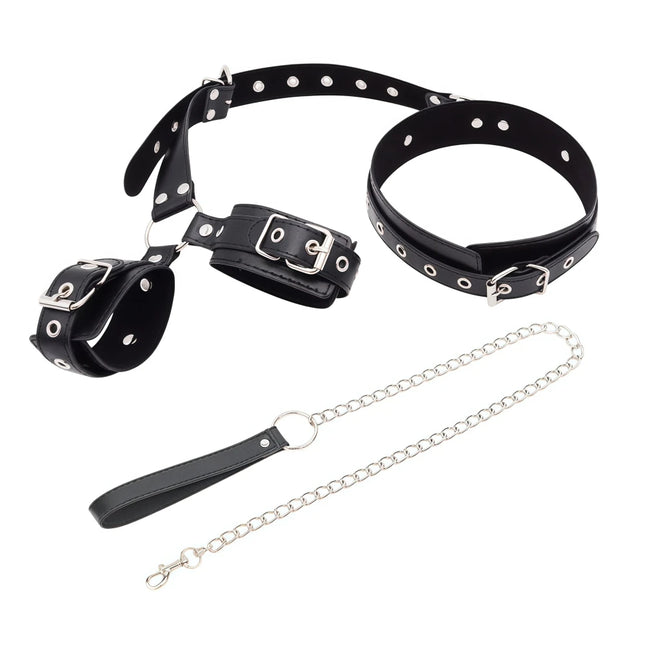 BDSM Leather Neck to Wrist Restraints Kit Bondage Set Handcuffs Collar with Chain Leash SM Fetish Role Play Adult Sex Toys