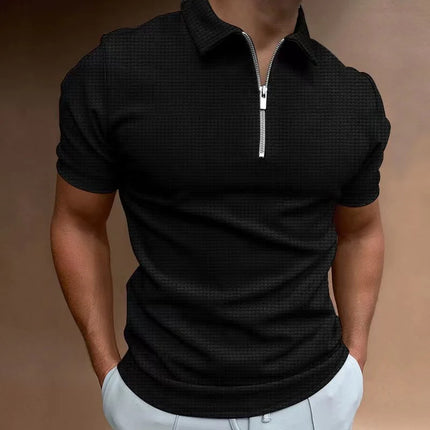 Spring/Summer Waffle Zipper Polo Shirt Checkered Color Blocked Men's T-shirt Top