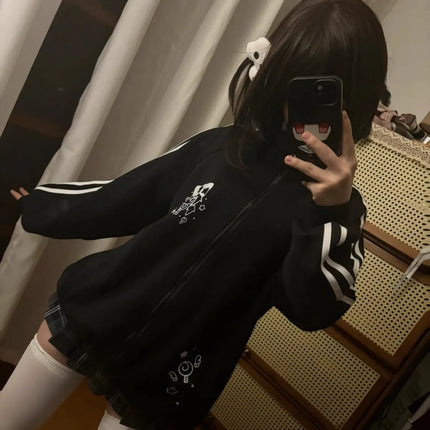 Black Cute Sweatshirts Coat 2025 Women's Clothing Stand Neck Zipper Jackets Y2k Tops Fashion Casual Anime Hoodies Ropa Mujer