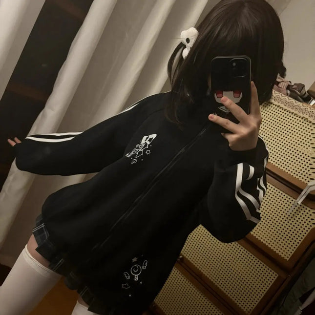 Black Cute Sweatshirts Coat 2025 Women's Clothing Stand Neck Zipper Jackets Y2k Tops Fashion Casual Anime Hoodies Ropa Mujer