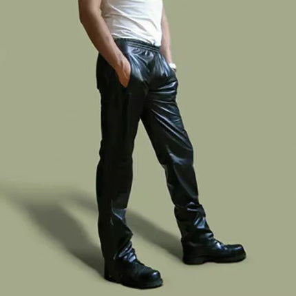 Men PU Leather Track Pants Casual Side Double Stripes Straight Leg Sport Trousers Elastic Waist Hip Hop Streetwear Joggers Pants
