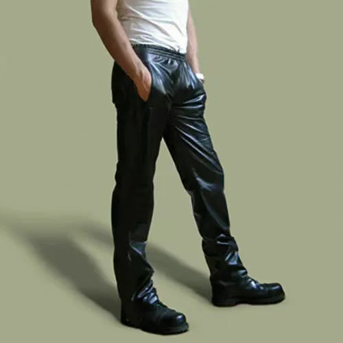 Men PU Leather Track Pants Casual Side Double Stripes Straight Leg Sport Trousers Elastic Waist Hip Hop Streetwear Joggers Pants