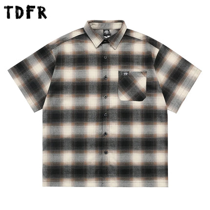 Chicano Style Plaid Short Sleeve Shirts Mens Summer Letter Embroidery Pocket Lapel Half-Sleeve Checked Shirt Men