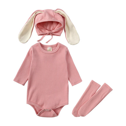 2026 Newborn Baby Rabbit Romper Clothes 3 Pcs Solid Ear Hat Bodysuit Socks Casual Bunny Costume 0-24M Boy Girl Outfits