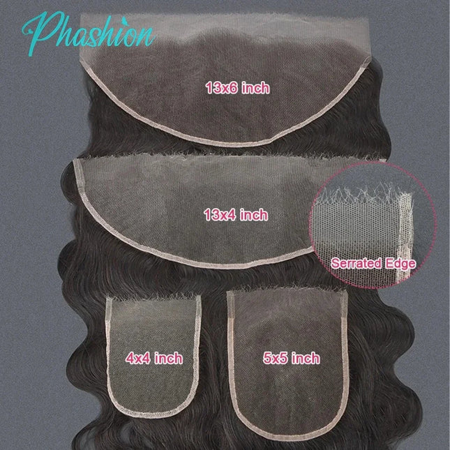 Phashion HD 13x6 13x4 Lace Frontal Straight Pre Plucked 4x4 5x5 6x6 Swiss Full Body Closure Only Natural Black 100% Human Hair