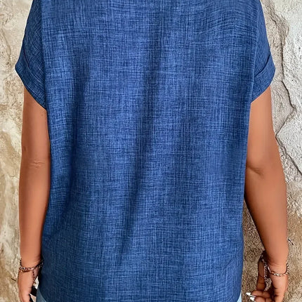 Plus Size 1XL-5XL Women's Fashion Notched V-Neck Batwing Sleeve Blouse Ladies Fashion Short Sleeve Solid Color Elegant Shirt