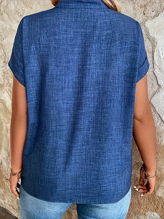 Plus Size 1XL-5XL Women's Fashion Notched V-Neck Batwing Sleeve Blouse Ladies Fashion Short Sleeve Solid Color Elegant Shirt