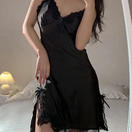 Sexy Lace Trim Pure Desire Spicy Strap Sleep Dress Women Summer Ice Silk Thin Soft Deep V Dress Short Skirt V Neck  Color