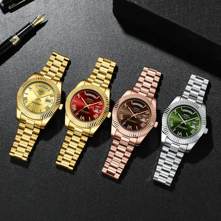 NIBOSI Brand Luxury Gold Red Quartz Watch for Men, Stainless Steel, Waterproof, Luminous, Date, Week, Fashion Men's Watches, Reloj Hombre
