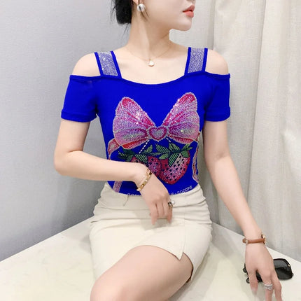 New Summer European Clothes Women's T-Shirts Luxury Butterfly Hot Diamonds Tees Sexy Streetwear Off-Shoulder Tops Shirt
