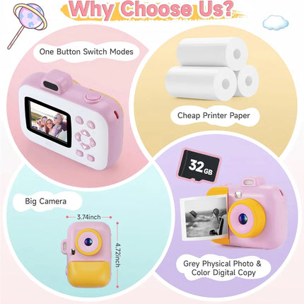 Instant Printing Camera Toys For Children Girls 12MP 1080P Digital Camera LED Fill Light 16X Thermal Zoom With 32GB TF Card Type C Educational Toys