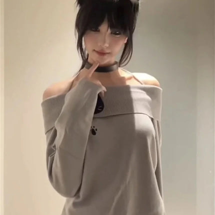 Cute Embroidery Off The Shoulder T Shirt Women Kawaii Cat Long Sleeve Basic Blouse Tight Basic Crop Top Strapless Gray Tees