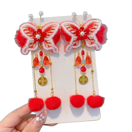 New Year Chinese-Style Hair Accessories Collection,Butterfly/Flower/Fan Designs with Fur Balls,Festive Clips for New Year Outfit