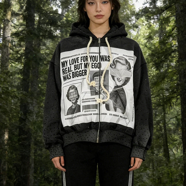 Vintage Portrait Letter Printed Funny Long Sleeve Loose Zipper Hoodies Y2K Autumn Winter Fashion Hip Hop Punk Grunge Casual Coat