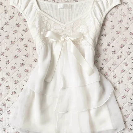 Y2k Kawaii White Ruffle Sweet Blouse Women Japanese Fashion Fairy Bow Sleeveless Tops New Harajuku Elegant Slim Summer Shirts