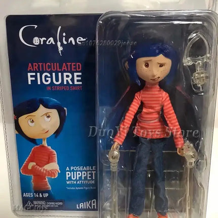 NECA Anime Coraline Doll Articulated Anime Figure Raincoat Sweater In Striped Shirt Toy LA Girl Decoration Model Bithday Gifts