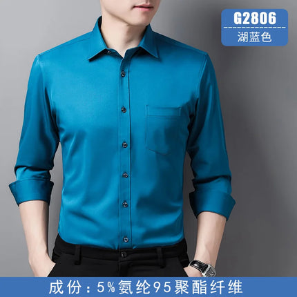 6XL Men Shirt Long Sleeve Slim Fit Luxury Smooth Soft Anti-wrinkle Non-ironing Solid Color Ice Silk Shirts Men Long Sleeve