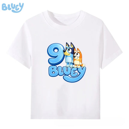 Bluey White Kids Birthday Party T Shirt Number Print 100% Cotton Short Sleeve Tee Boys Girls Age 1-9
