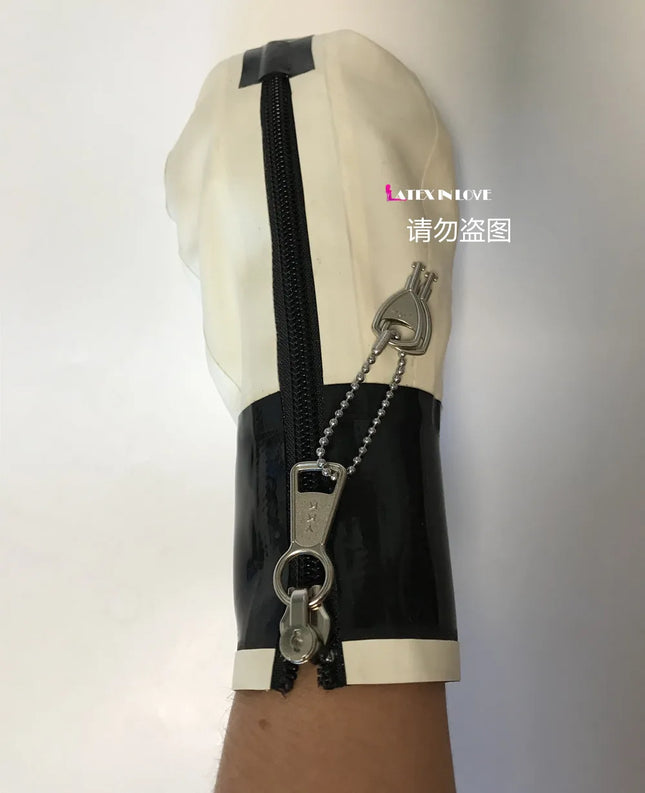 Lockable Zip Latex Bondage Mittens Fetish Hand Boxing Gloves Tight Clasp D-ring
