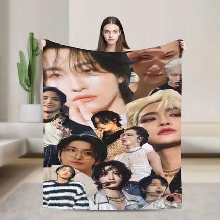 Mingi Kpop Ateez Band Flannel Blanket Autumn  Warm Bedding Throws for Children Outdoor Funny Bedspread Sofa Bed Cover