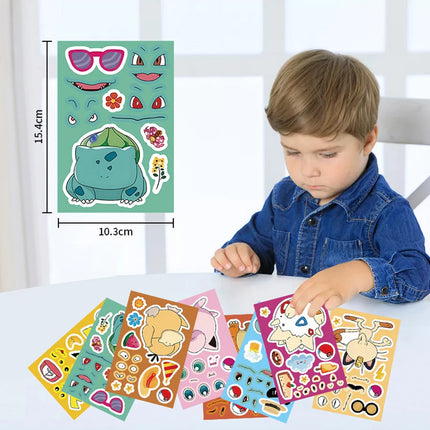 8/16sheets Kawaii Cute Anime Pokemon Pikachu Puzzle Stickers Make a Face DIY Funny Cartoon Assemble Jigsaw Educational Toy Decal